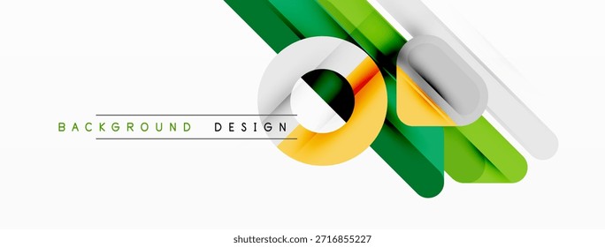 Modern abstract design. Overlapping lines, shapes create dynamic composition. Green, yellow hues dominate white space. Simple, clean aesthetic.