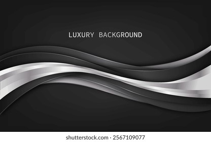 Modern abstract design with overlapping silver and gray curved layers against a dark black background. Vector illustration