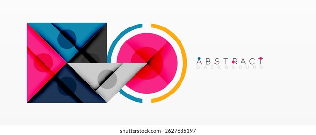 Modern abstract design. Overlapping squares, circles create dynamic composition. Bright colors, gradients offer visual interest.