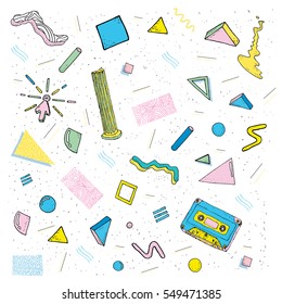 Modern abstract design  pattern 80s-90s fashion style. Background  with geometric shapes, cassette,column and other.
