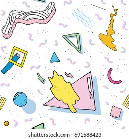 Modern abstract design pattern in retro 80s-90s fashion style. Seamless texture with geometric shapes and other. Colorful vector Illustration.