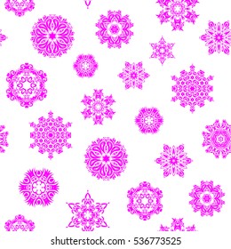 Modern abstract design poster, cover, card design in magenta colors. Trendy stylized snowflakes and elements memphis cards. Retro style texture, pattern and abstract winter elements.