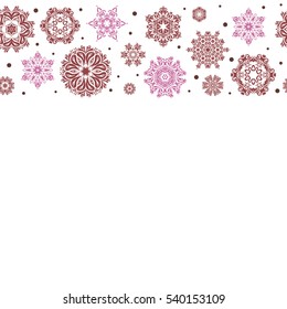 Modern abstract design poster, cover, card design in brown, red and pink colors. Trendy stylized snowflakes and elements memphis cards. Retro style texture, pattern and abstract winter elements.