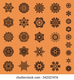 Modern abstract design poster, cover, card design on orange background. Trendy stylized snowflakes set and elements memphis cards. Retro style texture, abstract winter element, doodles.