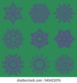 Modern abstract design poster, cover, card design on green background. Trendy stylized snowflakes set and elements memphis cards. Retro style texture, abstract winter element, doodles.