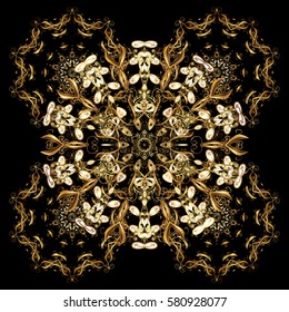 Modern abstract design poster, cover, card design in black colors. Trendy stylized golden snowflakes and elements memphis cards. Retro style texture, pattern and abstract winter elements.