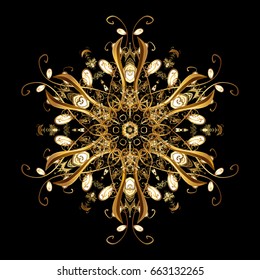 Modern abstract design poster, cover, card design in black colors. Trendy stylized golden snowflakes and elements memphis cards. Retro style texture, pattern and abstract winter elements.