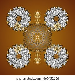 Modern abstract design poster, cover, card design in brown colors. Trendy stylized golden snowflakes and elements memphis cards. Retro style texture, pattern and abstract winter elements.
