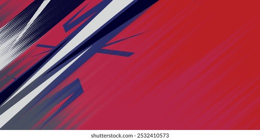 Modern abstract design in red, dark blue and purple with overlapping geometric background.