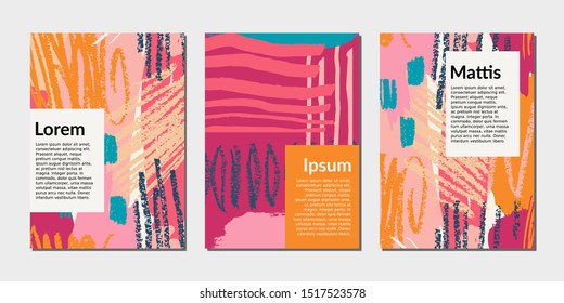 Modern abstract design templates with hand drawn shapes and textures in bright colors. Bold colorful magazine covers, wedding invitations, flyers, newsletter, poster, greeting cards, packaging and bra