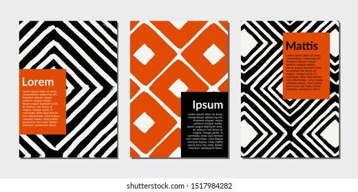 Modern abstract design templates with hand drawn geometric shapes in black, red and white. Bold colorful magazine covers, wedding invitations, flyers, newsletter, poster, greeting cards, packaging and