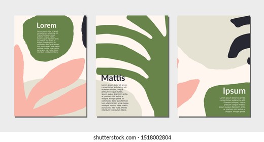 Modern abstract design templates with organic shapes in green, gray and pink pastel colors. Creative magazine covers, wedding invitations, flyers, newsletter, poster, greeting cards, packaging