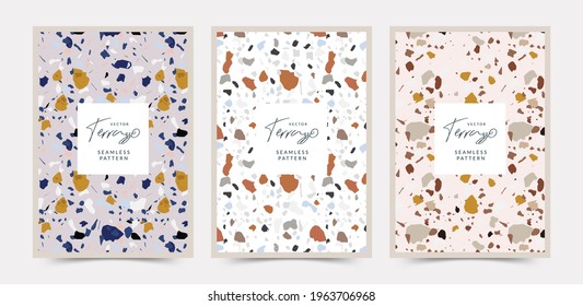 Modern abstract design templates with terrazzo texture in pastel color. Creative magazine covers, wedding invitations, flyers, greeting cards, packaging and branding design.
