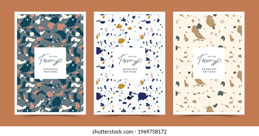 Modern abstract design templates with terrazzo texture in pastel color. Creative magazine covers, wedding invitations, flyers, greeting cards, packaging and branding design.