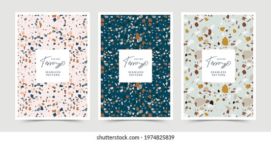 Modern abstract design templates with terrazzo texture in pastel color. Creative magazine covers, wedding invitations, flyers, greeting cards, packaging and branding design.