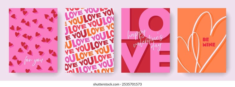 Modern abstract design of Valentines Day and Love cards set. Art concept templates for celebration with hearts, typography, wave text. Geometric backgrounds for print, card, poster, banner, ads, cover