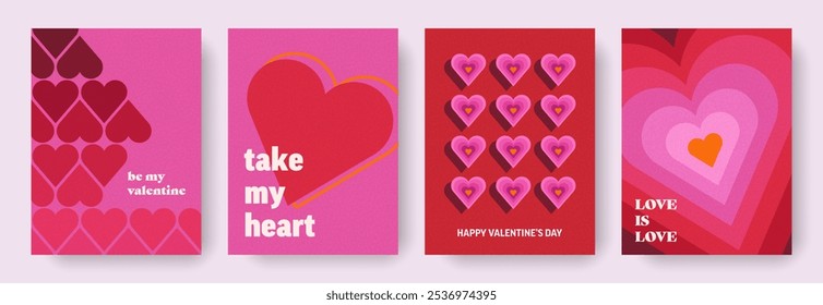 Modern abstract design of Valentines Day and Love cards set. Art concept templates for celebration with hearts and typography. Pink vintage backgrounds for print, card, poster, banner, ads, cover