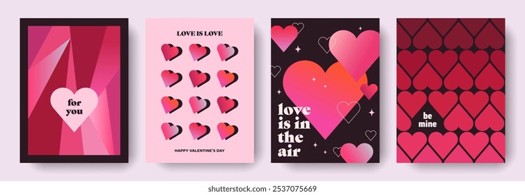 Modern abstract design of Valentines Day and Love cards set. Art concept templates for celebration with hearts and typography. Gradient vintage backgrounds for print, card, poster, banner, ads, cover