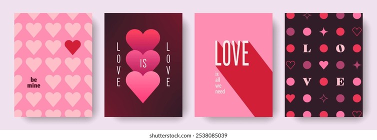 Modern abstract design of Valentines Day and Love cards set. Art concept templates for celebration with hearts and typography. Gradient vintage backgrounds for print, card, poster, banner, ads, cover