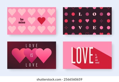 Modern abstract design of Valentines Day and Love horizontal posters set. Abstract concept for social media banner. Vintage minimalist vector backgrounds for print, card, advertising, cover, web