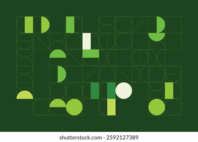 A modern abstract digital artwork featuring interconnected geometric shapes in shades of green. The structured yet dynamic composition creates depth, symmetry, and a futuristic visual appeal.