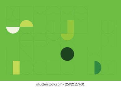 A modern abstract digital artwork featuring interconnected geometric shapes in shades of green. The structured yet dynamic composition creates depth, symmetry, and a futuristic visual appeal.