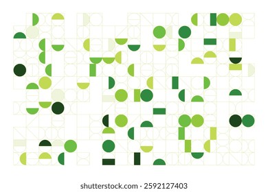 A modern abstract digital artwork featuring interconnected geometric shapes in shades of green. The structured yet dynamic composition creates depth, symmetry, and a futuristic visual appeal.