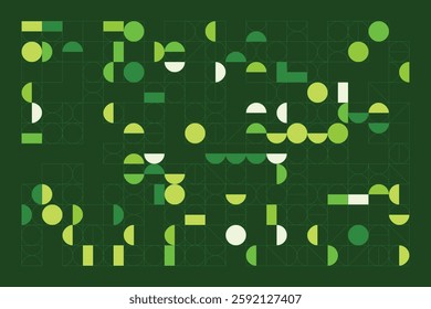 A modern abstract digital artwork featuring interconnected geometric shapes in shades of green. The structured yet dynamic composition creates depth, symmetry, and a futuristic visual appeal.