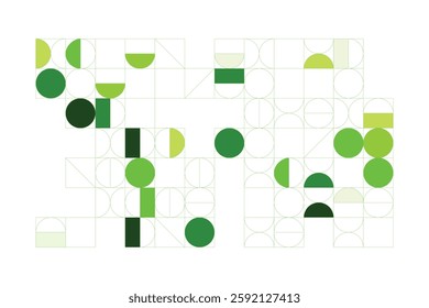 A modern abstract digital artwork featuring interconnected geometric shapes in shades of green. The structured yet dynamic composition creates depth, symmetry, and a futuristic visual appeal.