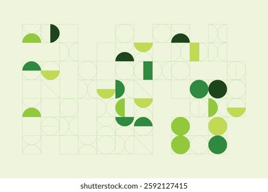 A modern abstract digital artwork featuring interconnected geometric shapes in shades of green. The structured yet dynamic composition creates depth, symmetry, and a futuristic visual appeal.