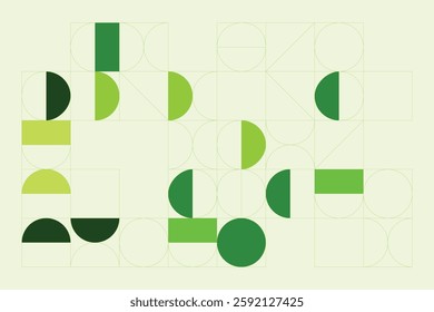 A modern abstract digital artwork featuring interconnected geometric shapes in shades of green. The structured yet dynamic composition creates depth, symmetry, and a futuristic visual appeal.