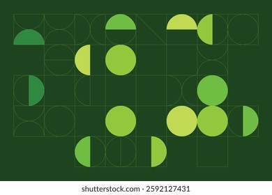 A modern abstract digital artwork featuring interconnected geometric shapes in shades of green. The structured yet dynamic composition creates depth, symmetry, and a futuristic visual appeal.