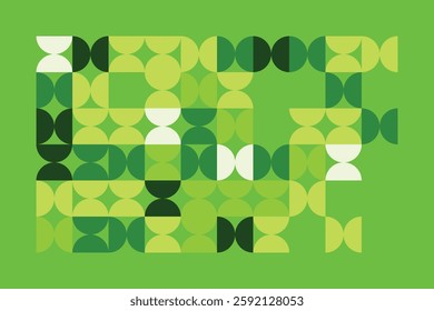 A modern abstract digital artwork featuring interconnected geometric shapes in shades of green. The structured yet dynamic composition creates depth, symmetry, and a futuristic visual appeal.