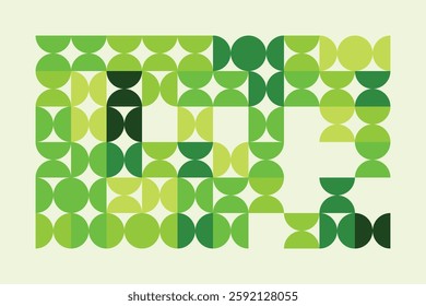 A modern abstract digital artwork featuring interconnected geometric shapes in shades of green. The structured yet dynamic composition creates depth, symmetry, and a futuristic visual appeal.