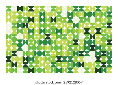 A modern abstract digital artwork featuring interconnected geometric shapes in shades of green. The structured yet dynamic composition creates depth, symmetry, and a futuristic visual appeal.