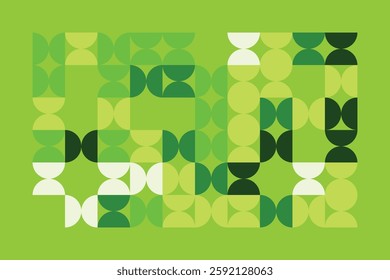 A modern abstract digital artwork featuring interconnected geometric shapes in shades of green. The structured yet dynamic composition creates depth, symmetry, and a futuristic visual appeal.