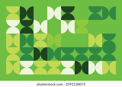 A modern abstract digital artwork featuring interconnected geometric shapes in shades of green. The structured yet dynamic composition creates depth, symmetry, and a futuristic visual appeal.