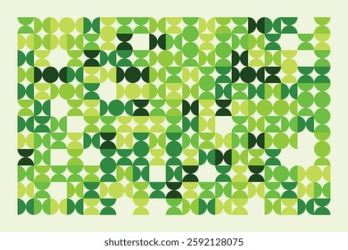 A modern abstract digital artwork featuring interconnected geometric shapes in shades of green. The structured yet dynamic composition creates depth, symmetry, and a futuristic visual appeal.