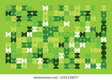 A modern abstract digital artwork featuring interconnected geometric shapes in shades of green. The structured yet dynamic composition creates depth, symmetry, and a futuristic visual appeal.