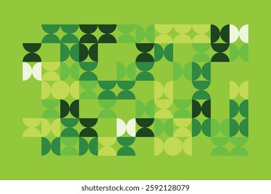 A modern abstract digital artwork featuring interconnected geometric shapes in shades of green. The structured yet dynamic composition creates depth, symmetry, and a futuristic visual appeal.