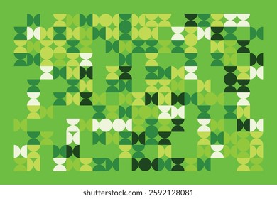 A modern abstract digital artwork featuring interconnected geometric shapes in shades of green. The structured yet dynamic composition creates depth, symmetry, and a futuristic visual appeal.