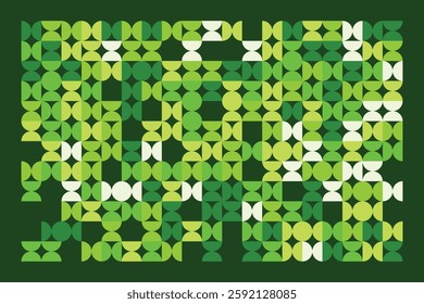 A modern abstract digital artwork featuring interconnected geometric shapes in shades of green. The structured yet dynamic composition creates depth, symmetry, and a futuristic visual appeal.