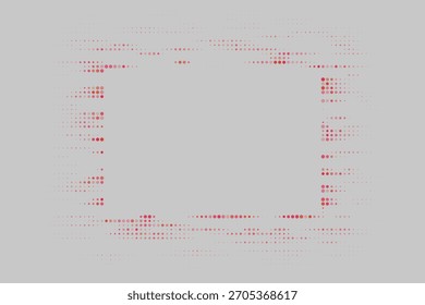 Fondo digital abstracto moderno con un marco vibrante de puntos y hexágonos rojos, rosados y naranjas, creando un patrón dinámico de semitono en una superficie gris claro.