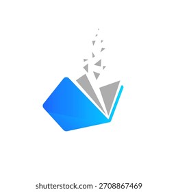 Modern abstract digital book logo with blue cover and gray pages breaking apart into geometric triangles, representing knowledge, data, and technology innovation.