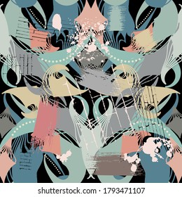 Modern abstract dirty seamless pattern. Vector ornamental grunge background. Rough repeat colorful backdrop. Trendy grungy geometric ornament with splatters, blots, lines, shapes, brush strokes.