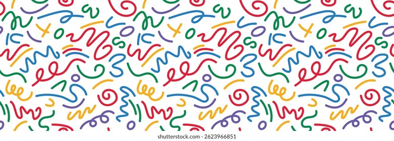 Modern abstract doodle background with squiggly lines, basic shapes, and festive vibes. Great for design projects, textiles, or kids decor.