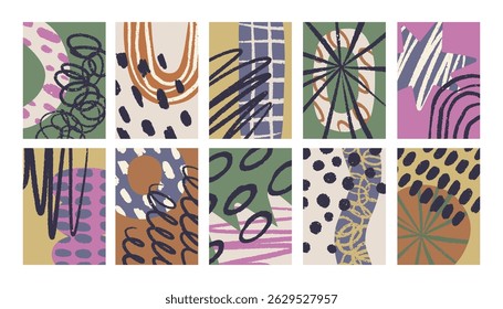 Modern abstract doodle posters set. Trendy style backgrounds with scribbles, organic shapes, dots, random freehand strokes. Dynamic patterns, textured cards. Colored flat vector illustrations