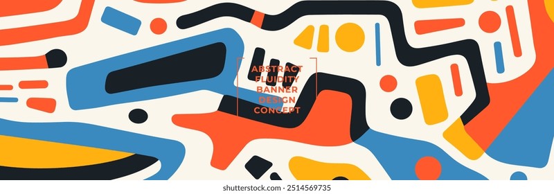 Banner horizontal de estilo primitivo moderno abstrato com elementos geométricos desenhados à mão e linhas para um design de fundo moderno e minimalista. Fluidez composição criativa. Eps
