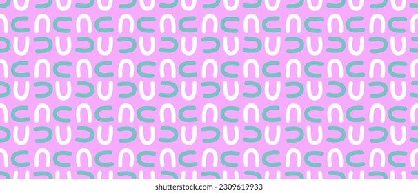 Patrón de vectores sin soldadura de Doodle abstracto moderno. Sencillos arcos dibujados a mano blanca y azul aislados en un fondo rosa claro. Impresión creativa a la moda con guijarros multicolores de mano libre. Colores RGB vivos.