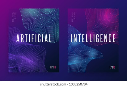 Modern abstract dots lines shape. Gradient wave forms background concept Artificial Intelligence. Small japanese text (translation: «poster design style»). Futuristic flyer EPS 10 vector illustration